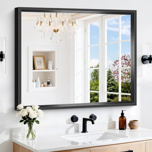 Bathroom Mirror, 36 x 30 inch Brushed Black Rectangle Mirror, 0.6" Thickened by WelcometoCIVENO