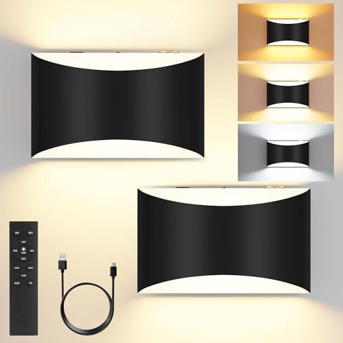 Battery Operated Wall Sconces Set of 2 Rechargeable Wireless Black by FOLKSMATE