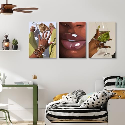 Hianan Wrapped Canvas Fashion Black Woman Wall Art Set of 3, 12x16 in - Image 6