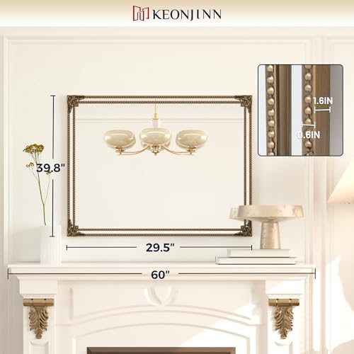 Keonjinn 40x30 Inch Gold Antique Vintage Mirror, Brass Baroque Mirror - Image 6