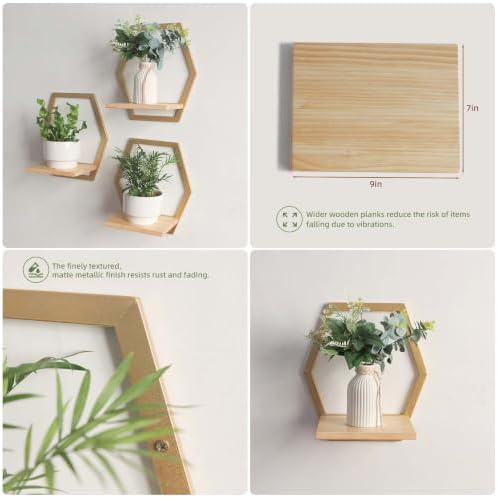 3 Pack Hexagon Wall Plant Stands, 9 Inch Wood Shelf Golden - Image 5