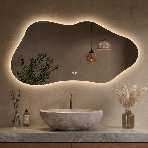 Keonjinn 48 x 24 Inch Asymmetrical Backlit Bathroom Mirror, Tempered Glass by Keonjinn