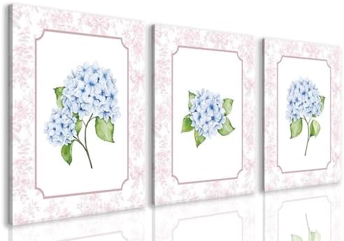 Blue Hydrangea Wall Art Set of 3, Preppy Blue Hydrangea Canvas Prints Poster by Unknown