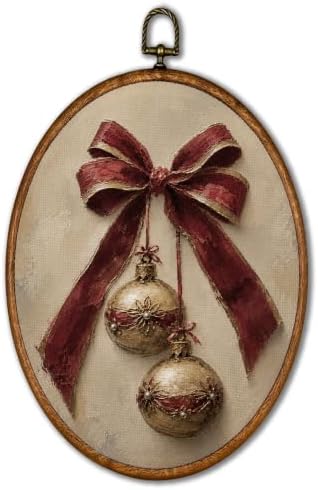 KSDUT Vintage Christmas Red Bow Bell Oval Wall Art 8.6"x11.4" by KSDUT