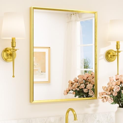 TETOTE Brushed Gold Bathroom Mirror 24" x 30" Brushed Brass Gold Rectangle by TETOTE