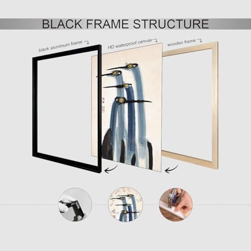 Vintage Japanese Crane Black Framed Poster Antique Asian Bird Canvas Wall Art - Image 2