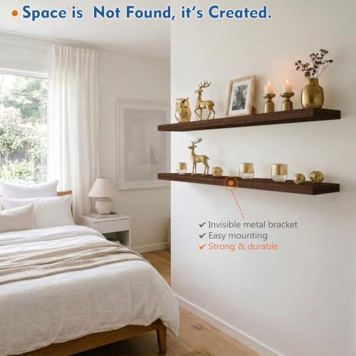 Harwaya 48 inch Floating Shelves Dark Wood, Long Wall Shelves - Image 4