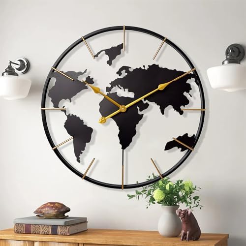 Large World Map Wall Clock, Metal Minimalist Modern Clock, Round Non-Ticking by KEQAMHOMEDECOR