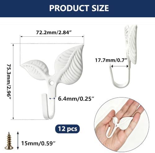 Set of 12 Vintage Leaf Wall Hooks, Rustic White Iron Heavy Duty Coat Hangers - Image 2