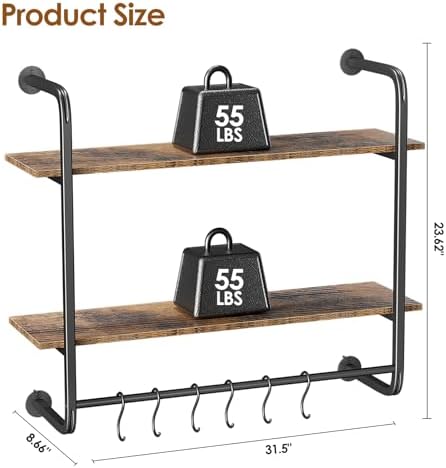 2 Tier Industrial Pipe Floating Shelf, 31.5" Kitchen Wall Shelves - Image 2