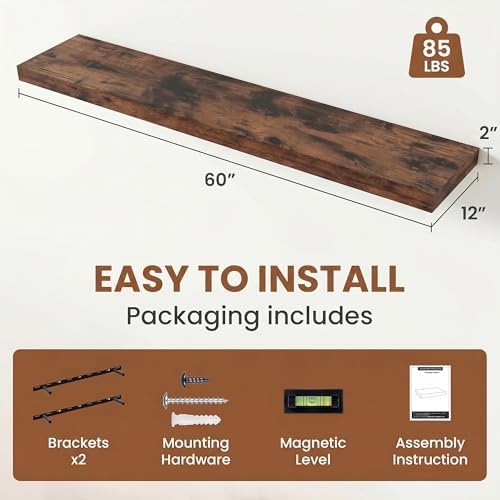 Vivelove Deep Floating Shelves 60x12” Set of 1, Rustic Brown - Image 3