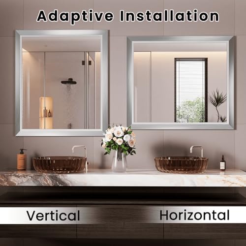 Amorho Bathroom Mirror for Wall 44x36 Inch, Brushed Silver Metal Framed - Image 5