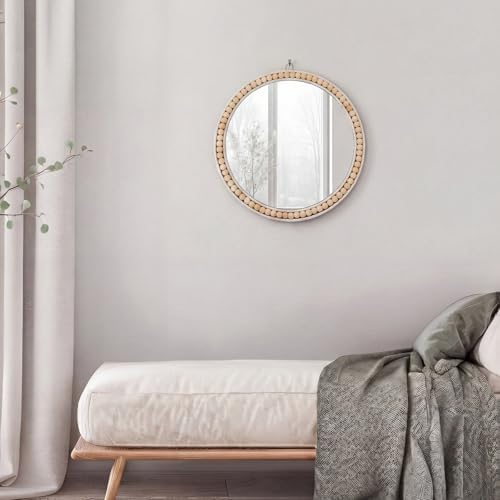 Glooglitter 15 Inch Boho Round Wall Mirror, Beaded Wood Frame Hanging Mirror - Image 6