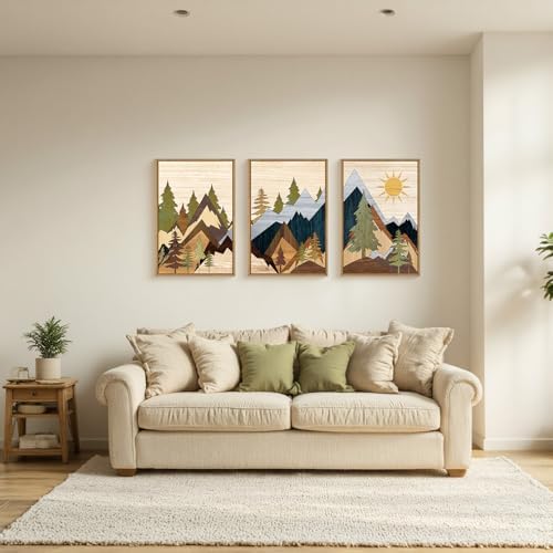 Ausri Boho Mountain Pine Tree Framed Canvas Wall Art Set -24"x36"x3 by Ausril