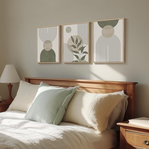 Framed Sage Green Beige Boho Abstract Geometric Wall Art Bedroom, 12x16 In - Image 2