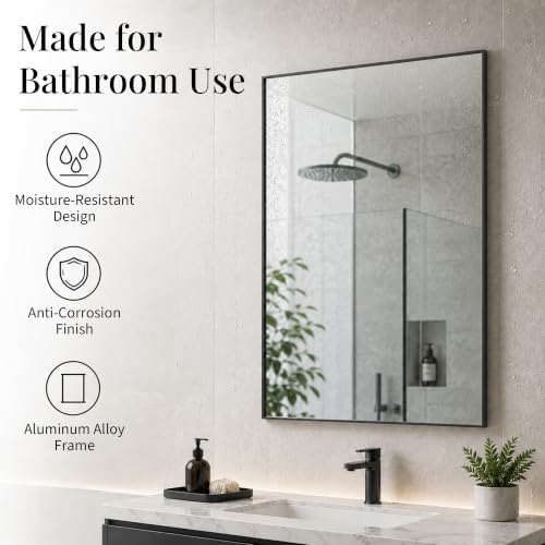 24x36 Matte Black Framed Rectangle Bathroom Vanity Wall Mirror - Image 4
