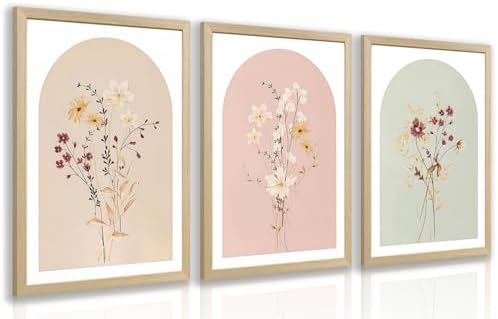 LERVR Wood Framed Botanical Wall Art Set of 3, Vintage Wildflower Canvas Print by Unknown