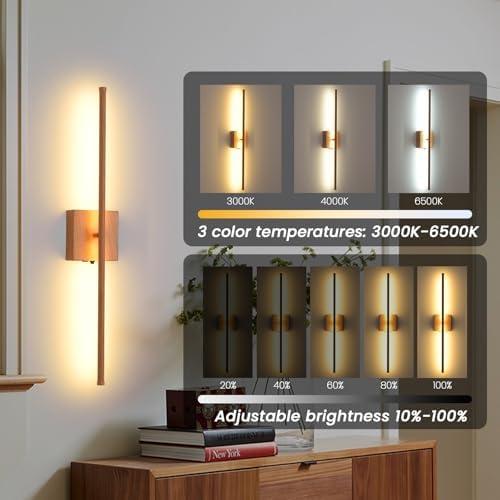 LED Battery Operated Wall Sconces, 11000mAh Faux Wood Texture Finish Wireless - Image 4