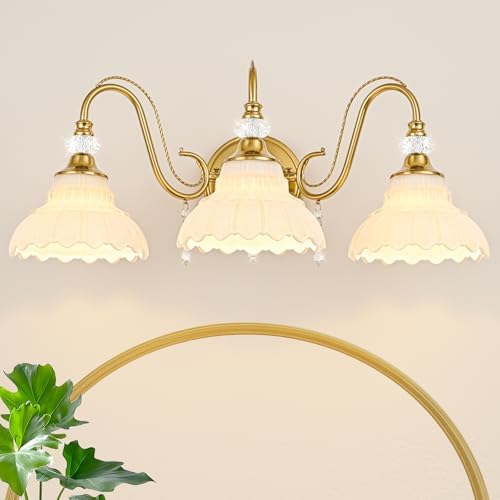 Vintage Bathroom Vanity Light, 3-Light Brushed Gold Finish Wall Sconce by Unknown