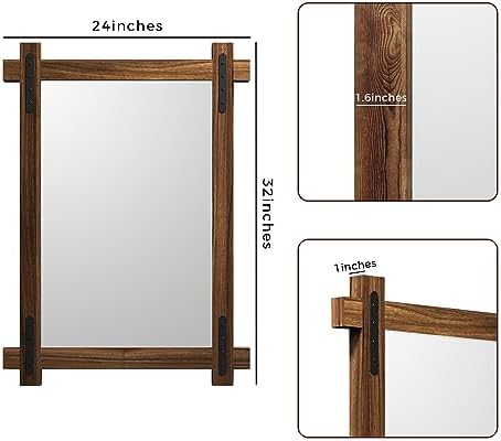 YOSHOOT Farmhouse Wood Bathroom Mirror, Round Corner Vanity Mirror - Image 2