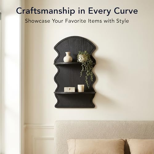 American Art Decor Black Wavy Arched Lunar Ledges Wall Shelf, Wooden 2-Tier - Image 3