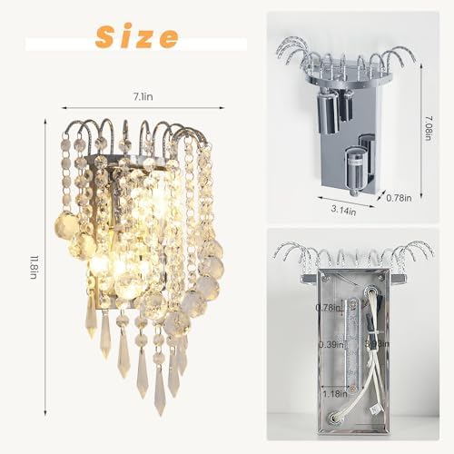 Goeco Crystal Wall Sconces, 11.8x7 Inch Chrome Wall Sconce Luxury Crystal Drops - Image 2