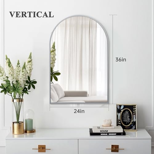 Silver Arched Mirror 24x36in, Metal Framed Bathroom Vanity Wall - Image 3