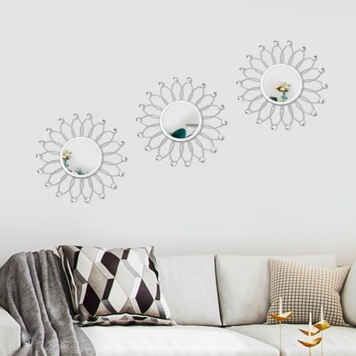 3 Pack Metal Mirrors for Wall Sunburst Wall Mirror Silver Crystal Wall Art - Image 2