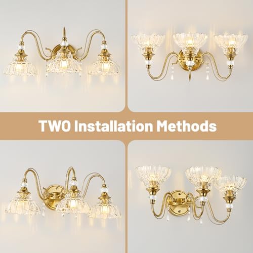 Vintage Bathroom Vanity Light, 3-Light Brushed Gold Finish Wall Sconce - Image 3