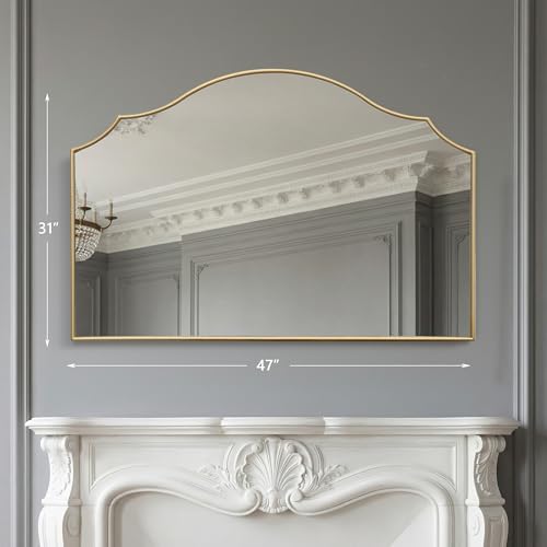 Besdomus Gold Scalloped Wall Mirror: 47"x31" Large Wooden Fireplace Mirror - Image 4