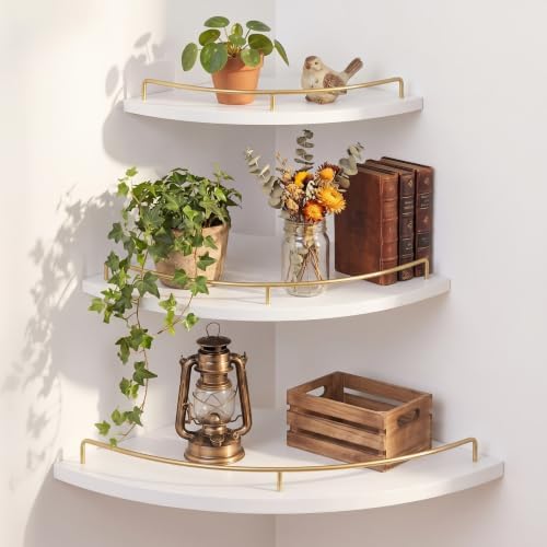 Novabright Corner Floating Shelf Set of 3 White & Gold Wood 9/10/12 in by Unknown