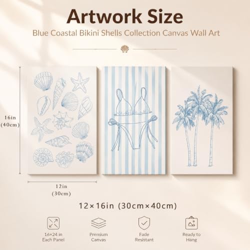 Setris 3Pcs Blue Coastal Wrapped Canvas Wall Art, Preppy Beach Summer Decor - Image 2