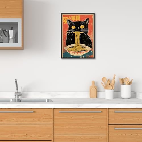 Black Framed Canvas Wall Art Posters Vintage Funny Black Cat Eating Ramen - Image 5