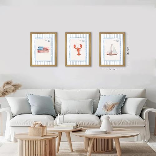 Wood Framed Blue Beach Stamp Set of 3 Canvas Poster Coastal Granddaughter Room - Image 5