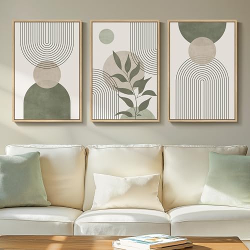 Framed Sage Green Beige Boho Abstract Wall Art by Cuspin