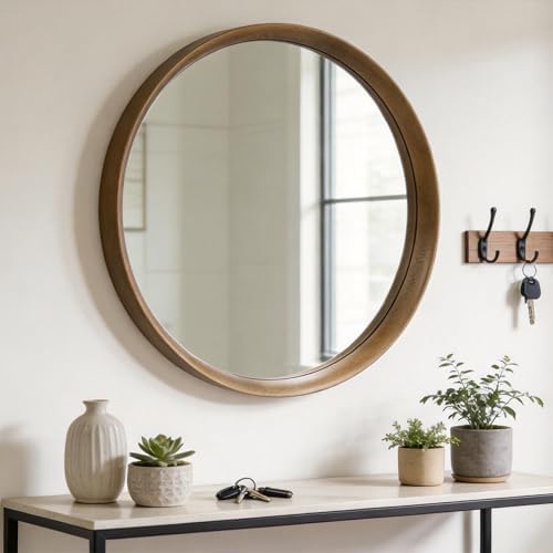 Brakki Round Wall Mirror with Wood Frame - Image 4