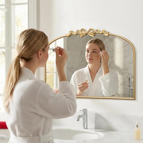 Besdomus Antique Arched Gold Mirror: 32"x24" Vintage Bow Wall Vanity Mirror - Image 2