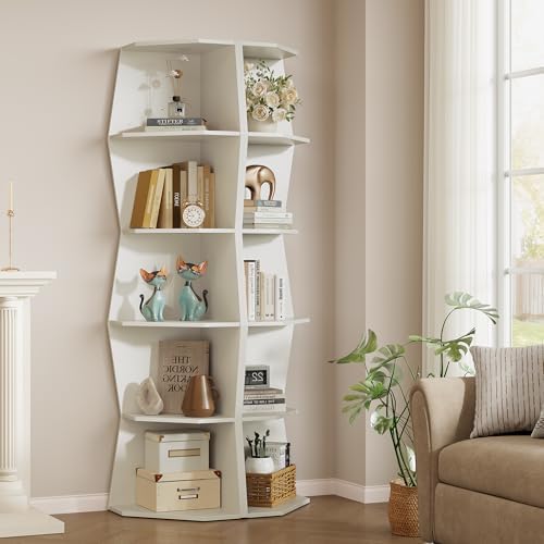 6-Tier Wavy Corner Shelf, Wooden Tall Corner Bookshelf - Image 3