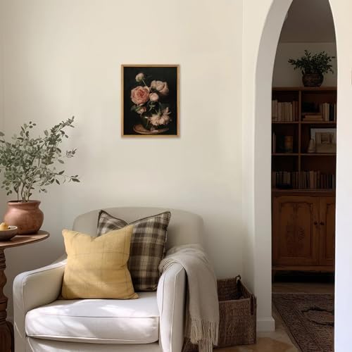 Vintage Framed Dark Pink Peony Wall Art, Retro Moody Floral Canvas Painting - Image 5