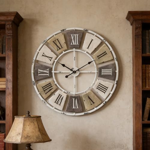 16" Distressed Metal Wall Clock, Roman Numeral Farmhouse Decor by AMAATE
