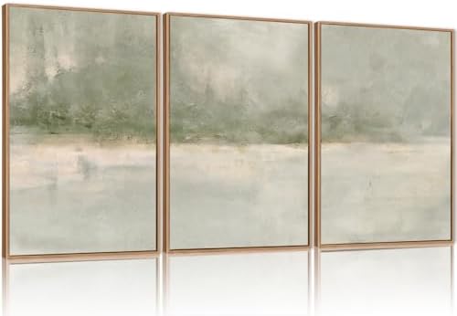 FWIEXA Grey Green Abstract Canvas Wall Art Set 3, Neutral Landscape Framed by FWIEXA