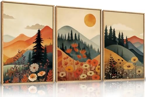 LHIUEM Large Boho Mountain Sunset Framed Canvas Wall Art Set, Pine Tree Flowers by LHIUEM