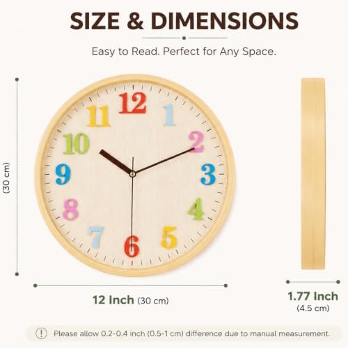 Topkey 12" Wooden Look Wall Clock Silent Non-Ticking 3D Numbers Colorful - Image 5