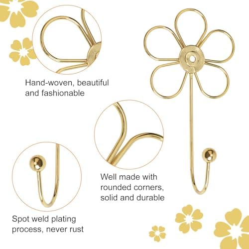 MOROBOR 4pcs Golden Flower Single Hooks Creative Wall Mounted Hooks - Image 4