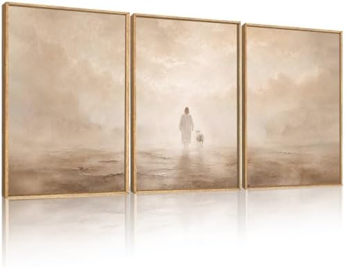Christian Jesus and Lost Lamb Framed Canvas Wall Art-24"x36"x3 by Celestdeco