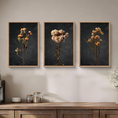 HOURIA Dark Moody Dried Floral Framed Canvas Wall Art Set- 16"x24"x3 - Image 2