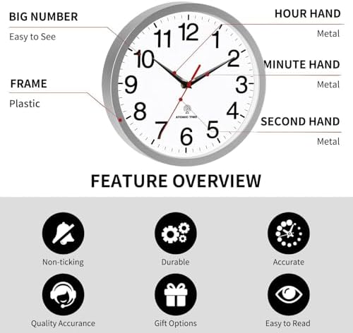 Rohioue Wall Clock Analog 14 Inch Atomic Battery Operated Silent Clock - Image 4