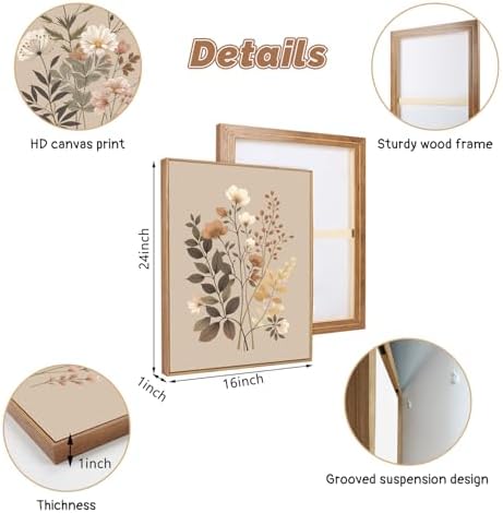 CHDITB Vintage Flower Framed Canvas Wall Art Set, Large Neutral Wildflowers - Image 6