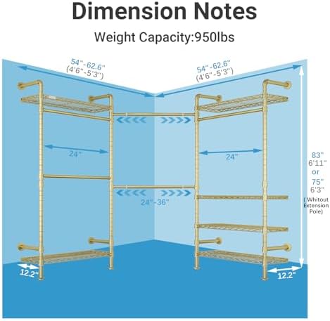 Timate L3 L Shape Gold Heavy Duty Clothes Rack, Industrial Pipe Wall Mounted - Image 4