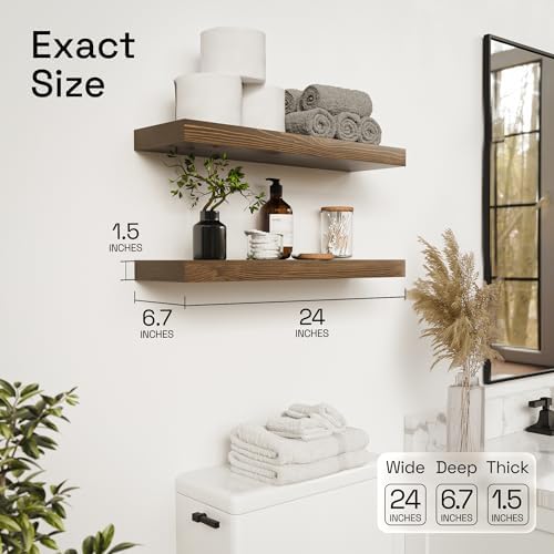Solid Wood Floating Shelves for Wall 24 Inch Walnut, Wooden Bathroom Shelf - Image 3